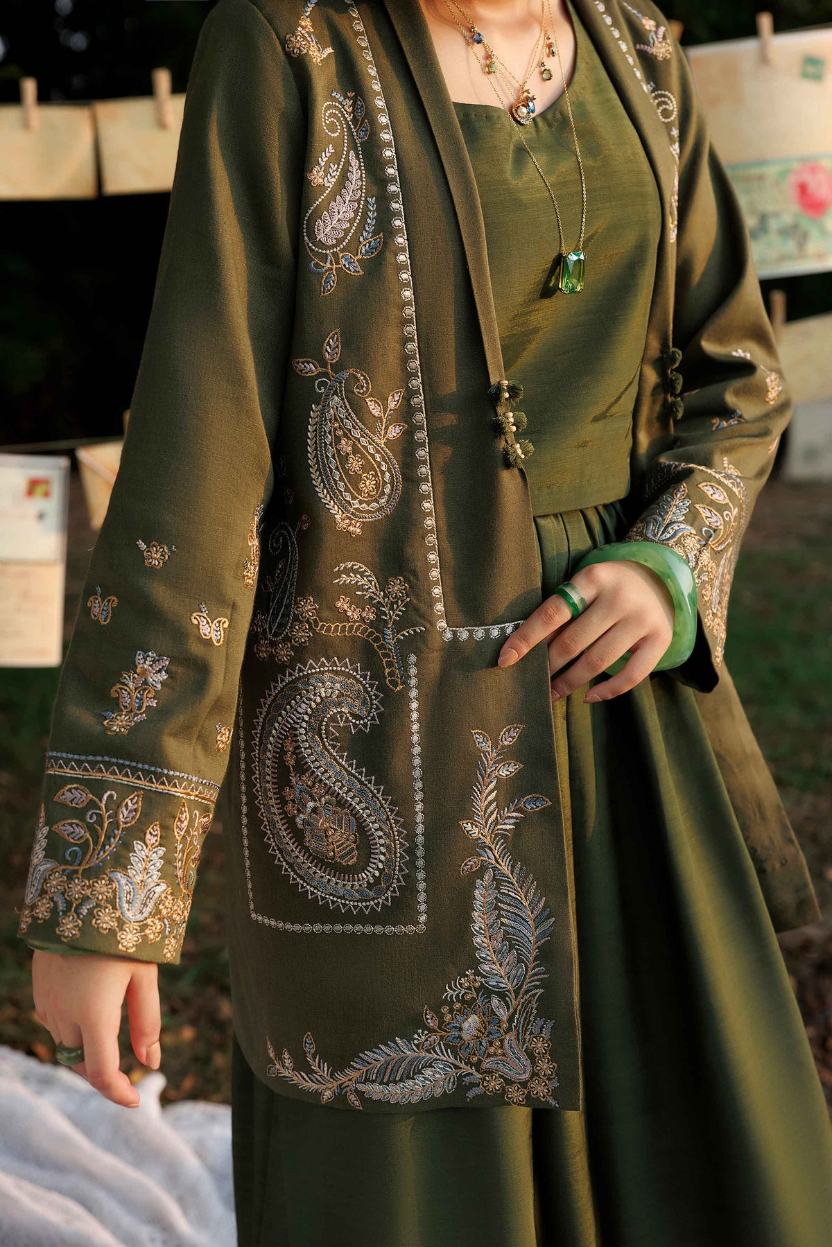 Olive Green Embroidered Jacket - PW25-547