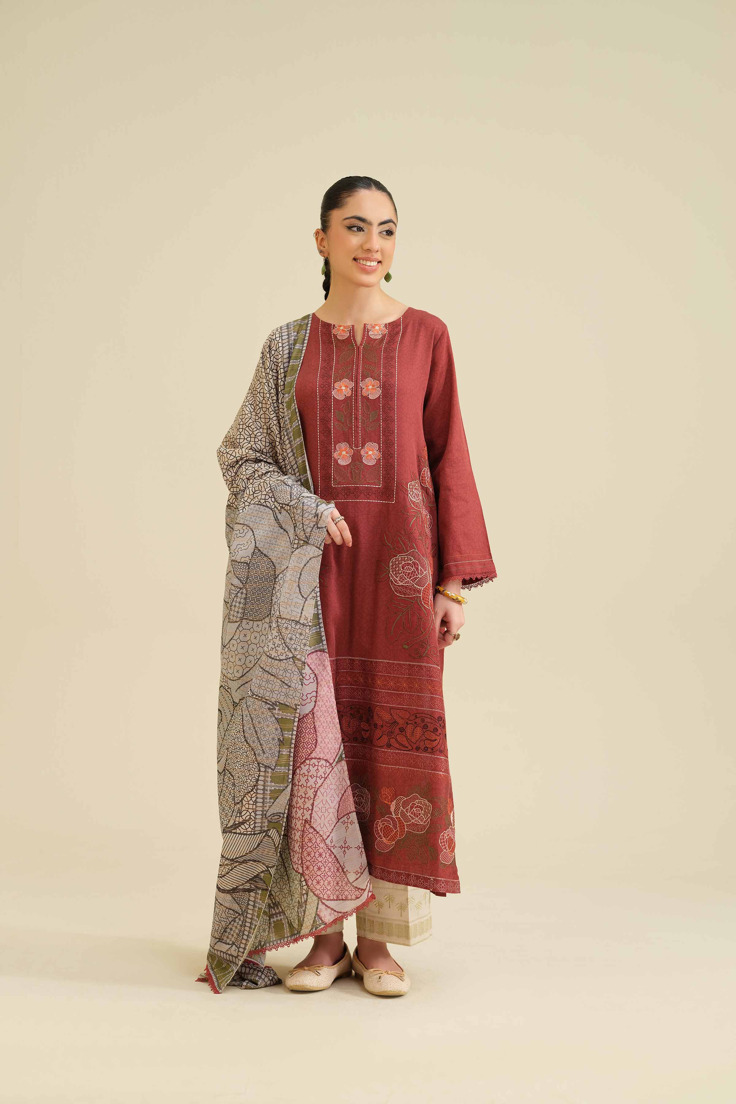 2 Piece - Printed Embroidered Suit - PW25-74