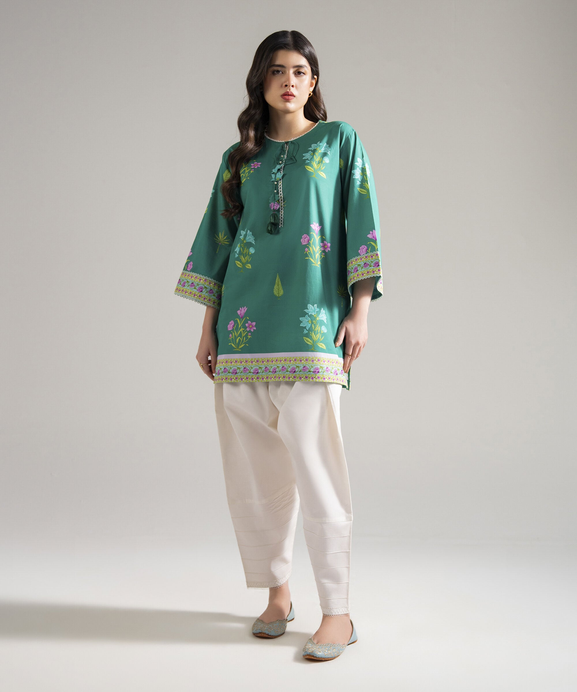 Women's RTW Slub Lawn Printed Green Drop Shoulder Shirt