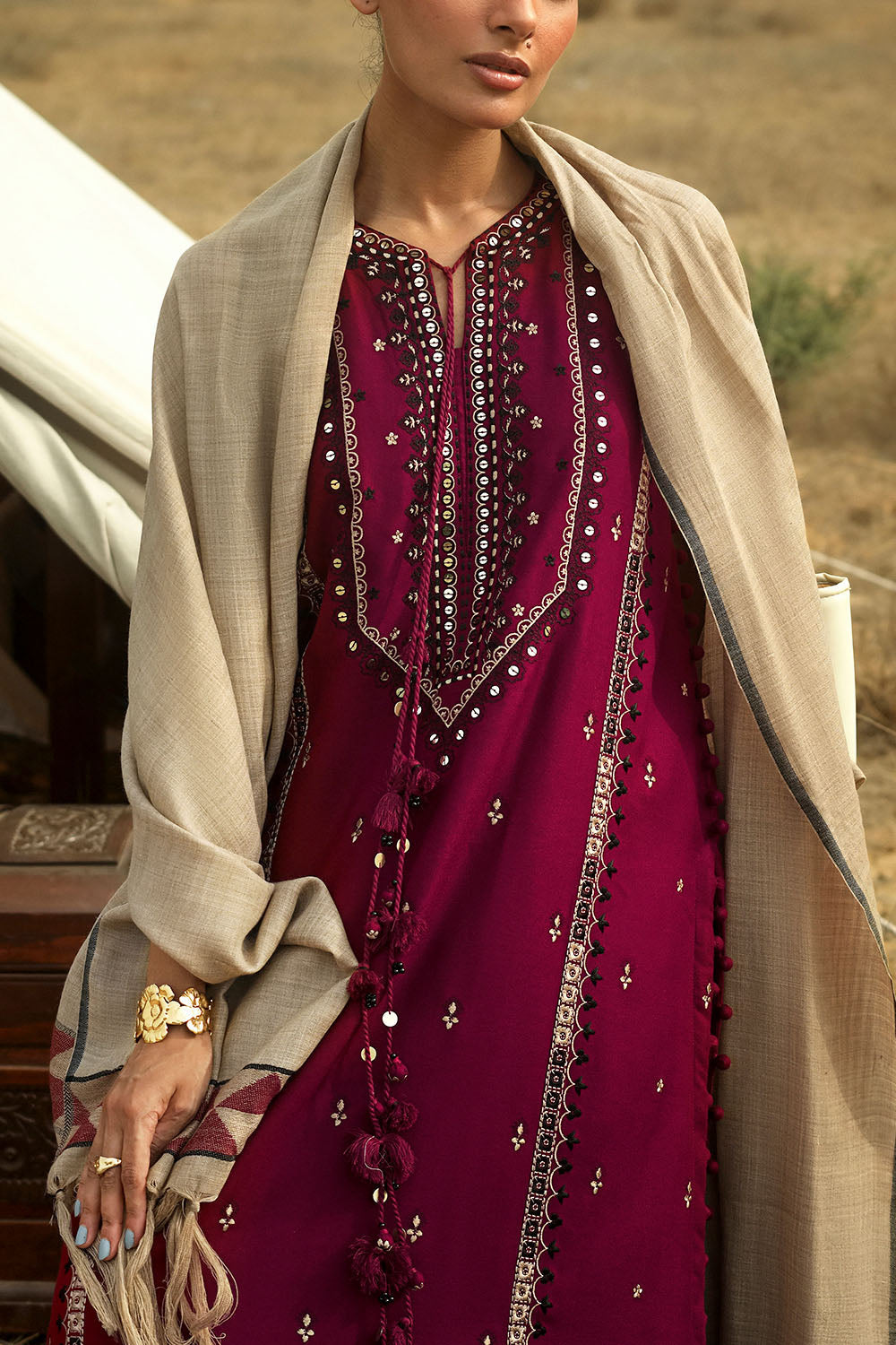 3 Piece Embroidered Pashmina Suit with Pashmina Jacquard Dupatta