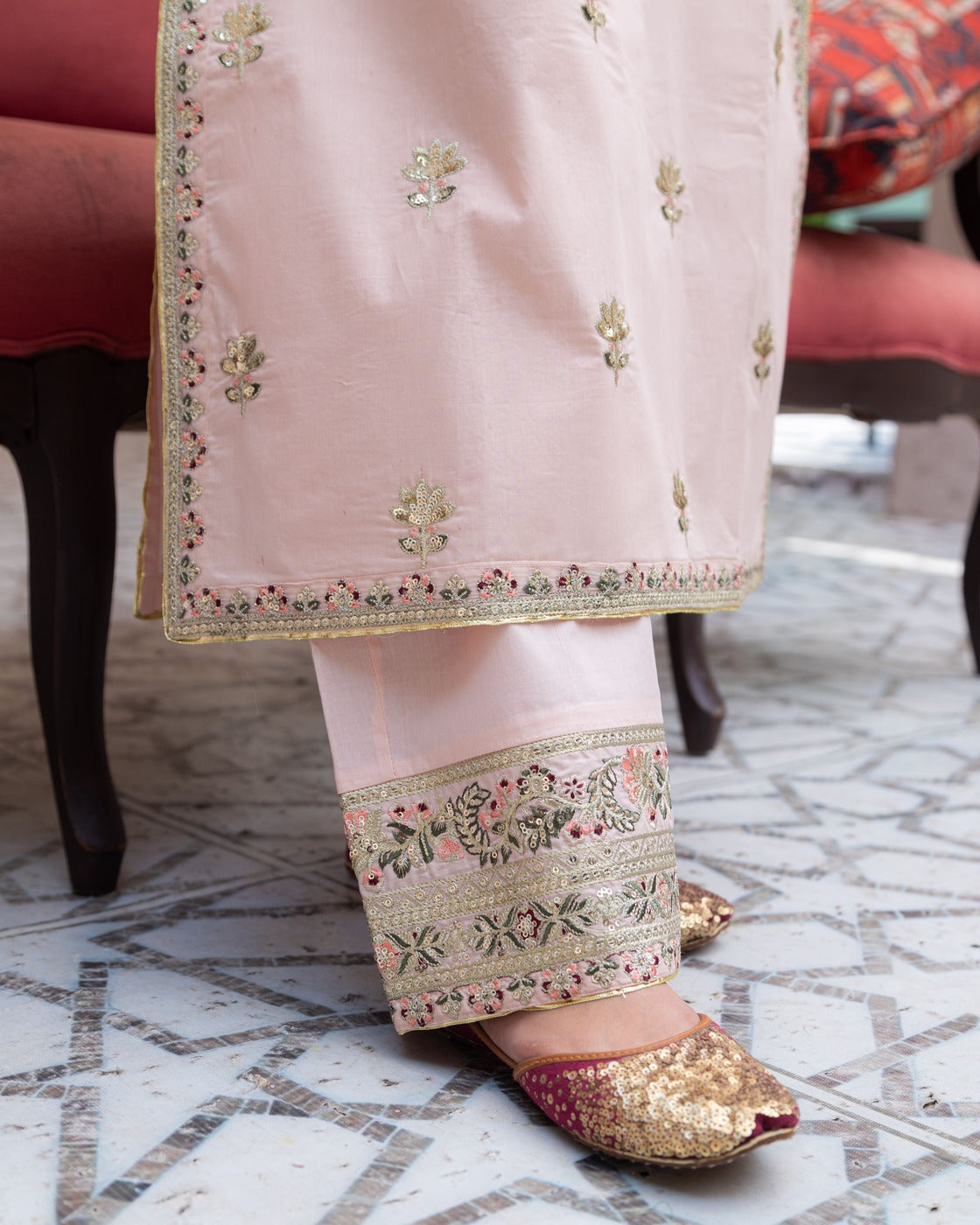 Pink Mist Powder Pink Suit | Floral Sequin & Organza Dupatta Dress