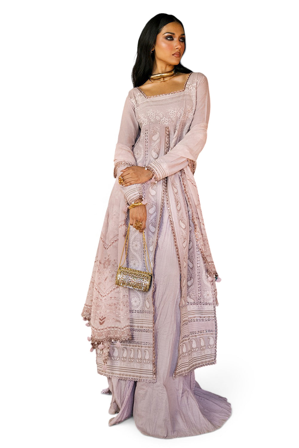 3 Piece Embroidered Lawn Suit with Borders and Printed Chiffon Dupatta