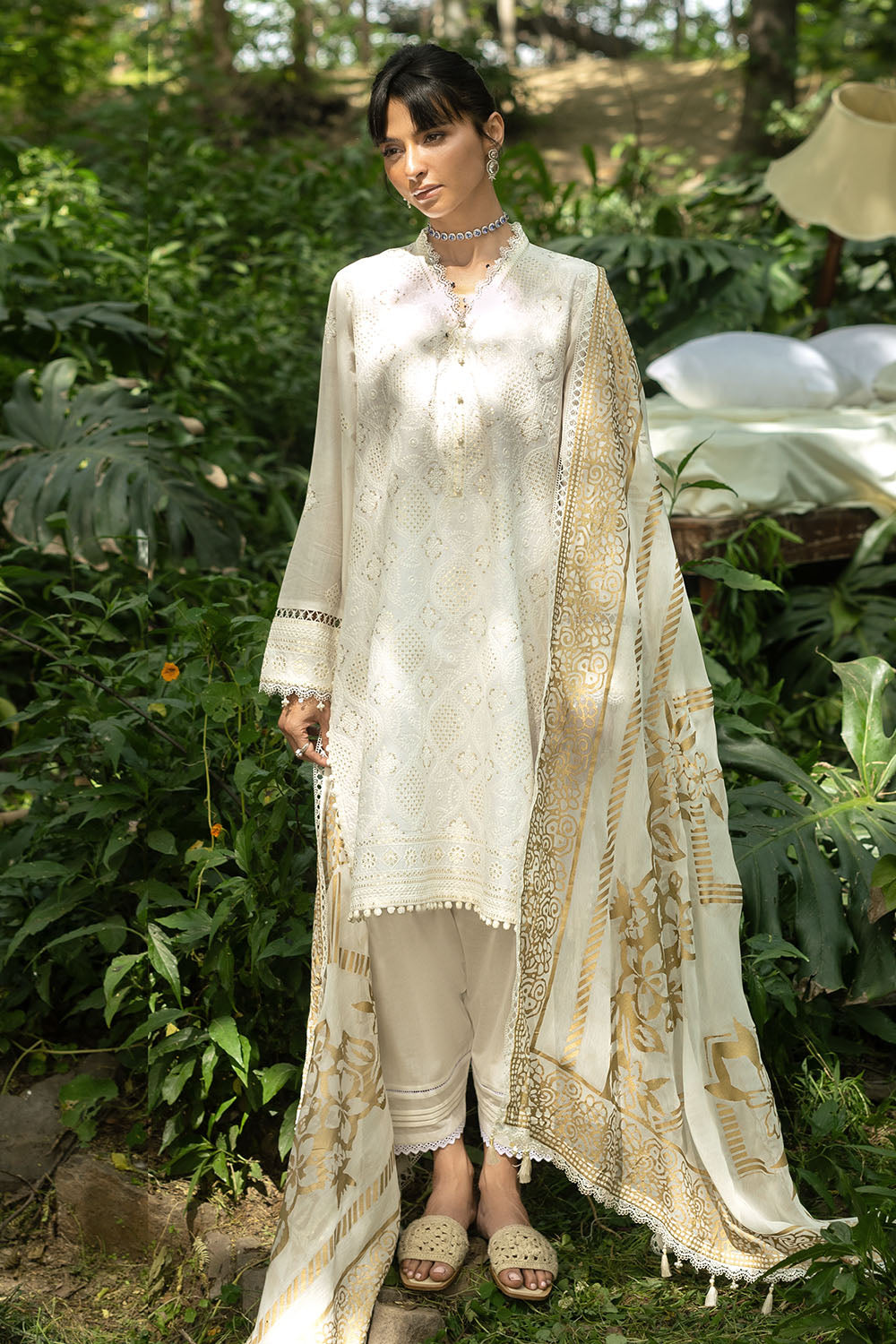 3 Piece Embroidered Lawn Suit and Gold Printed Chiffon Dupatta