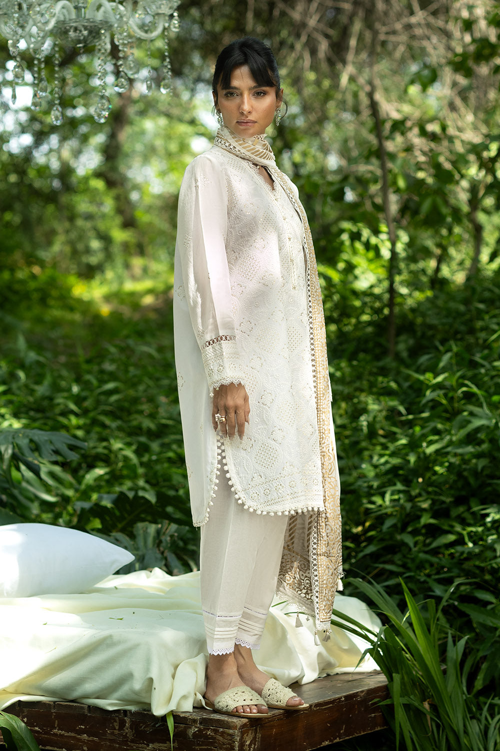 3 Piece Embroidered Lawn Suit and Gold Printed Chiffon Dupatta