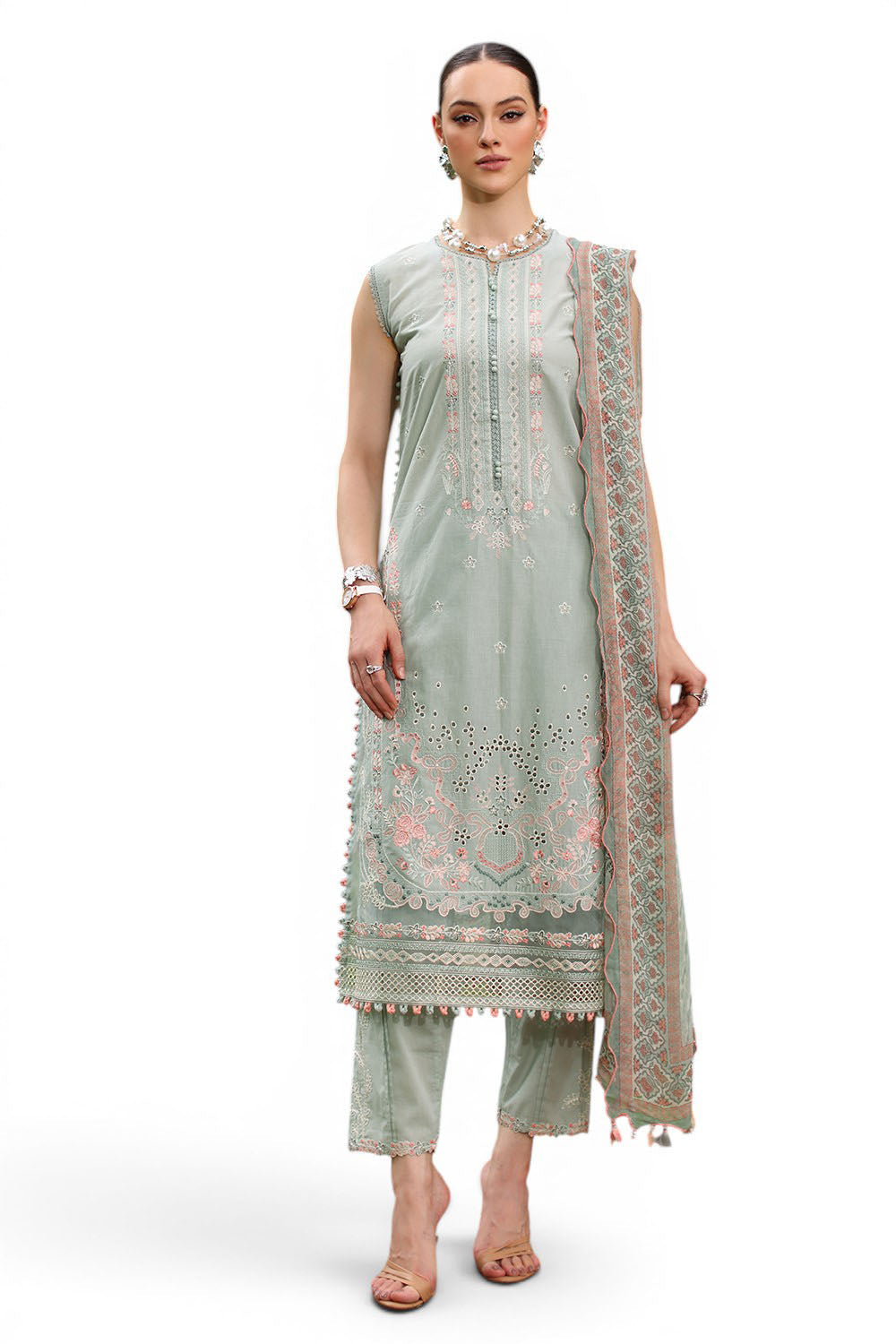 3 Piece Embroidered Lawn Suit with Chiffon Dupatta