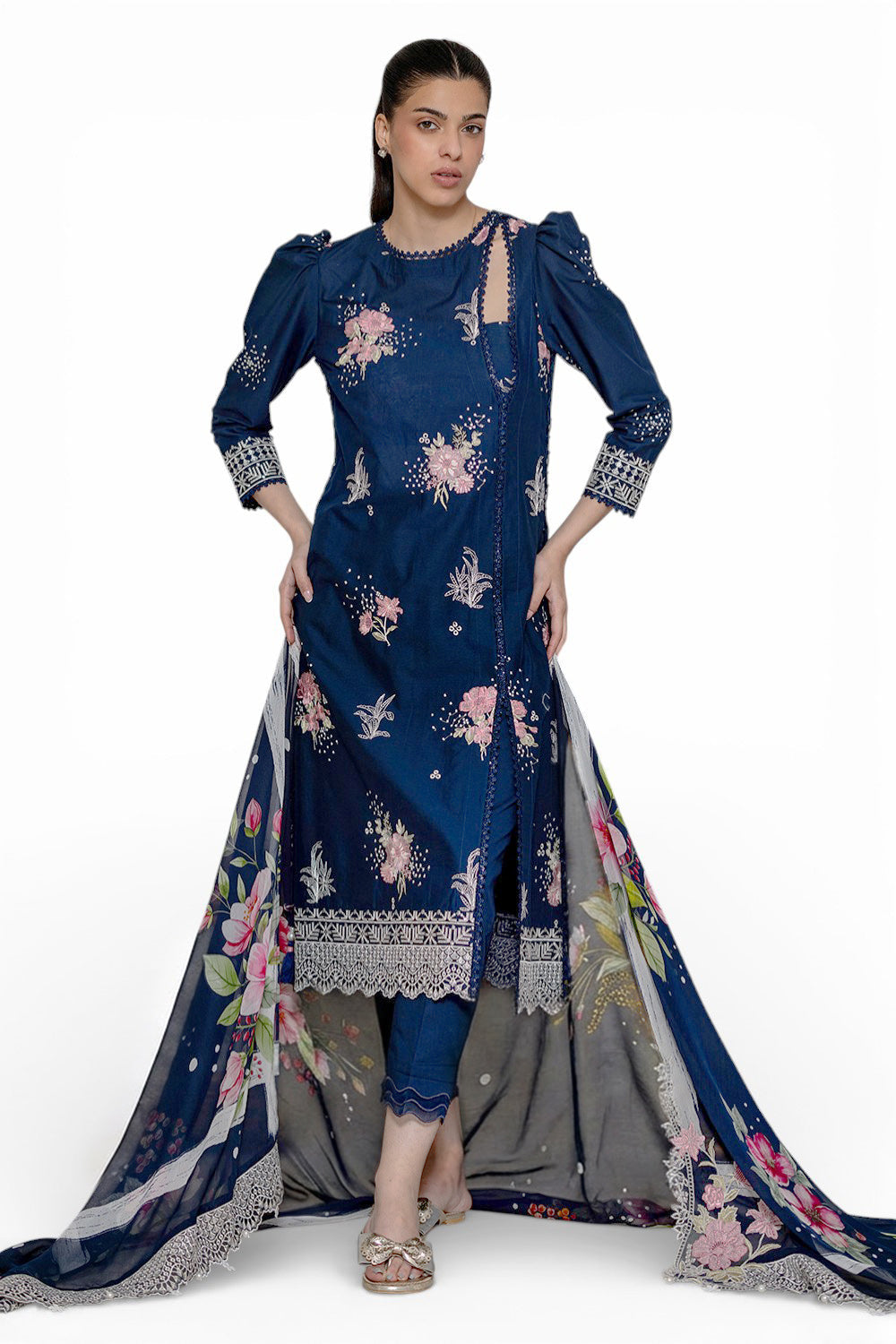 3 Piece Embroidered Lawn Suit With Chiffon Dupatta And Borders