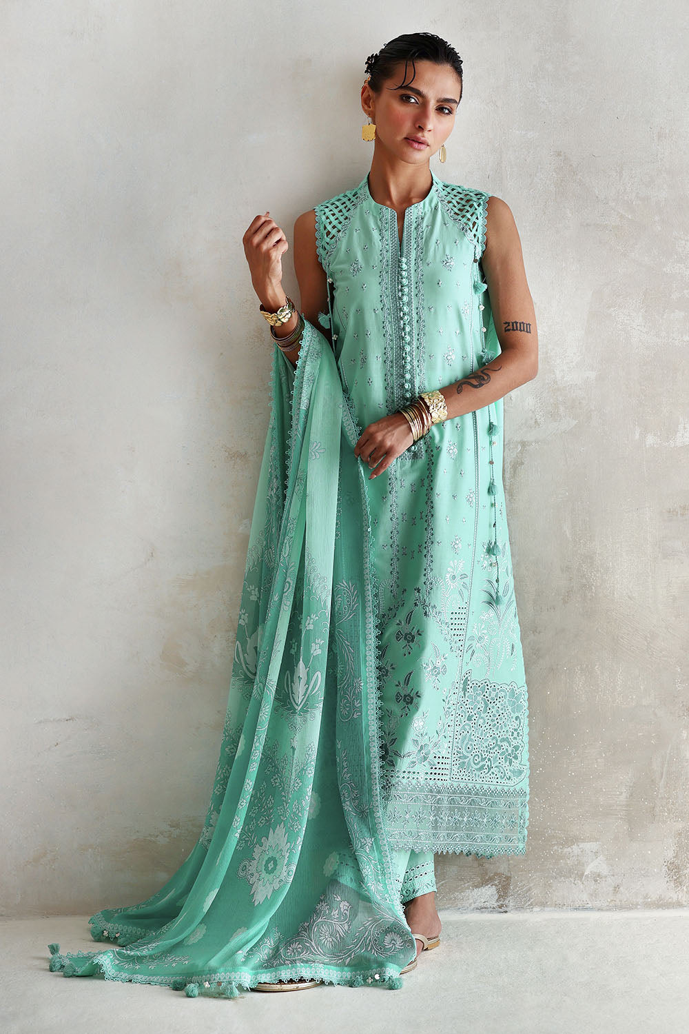 3 Piece Embroidered Lawn Suit with Printed Chiffon Dupatta and Embroidered Borders