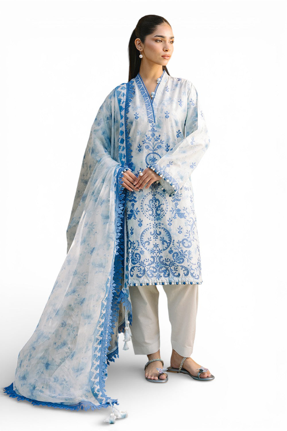 3 Piece Embroidered Printed Lawn Suit with Border and Printed Chiffon Dupatta
