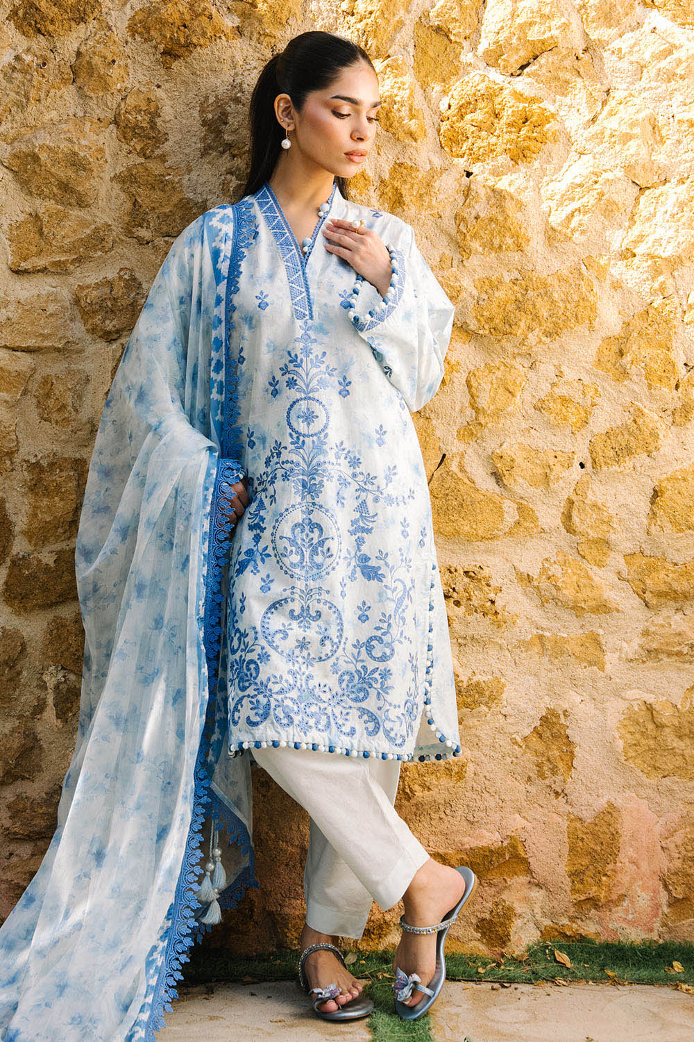 3 Piece Embroidered Printed Lawn Suit with Border and Printed Chiffon Dupatta