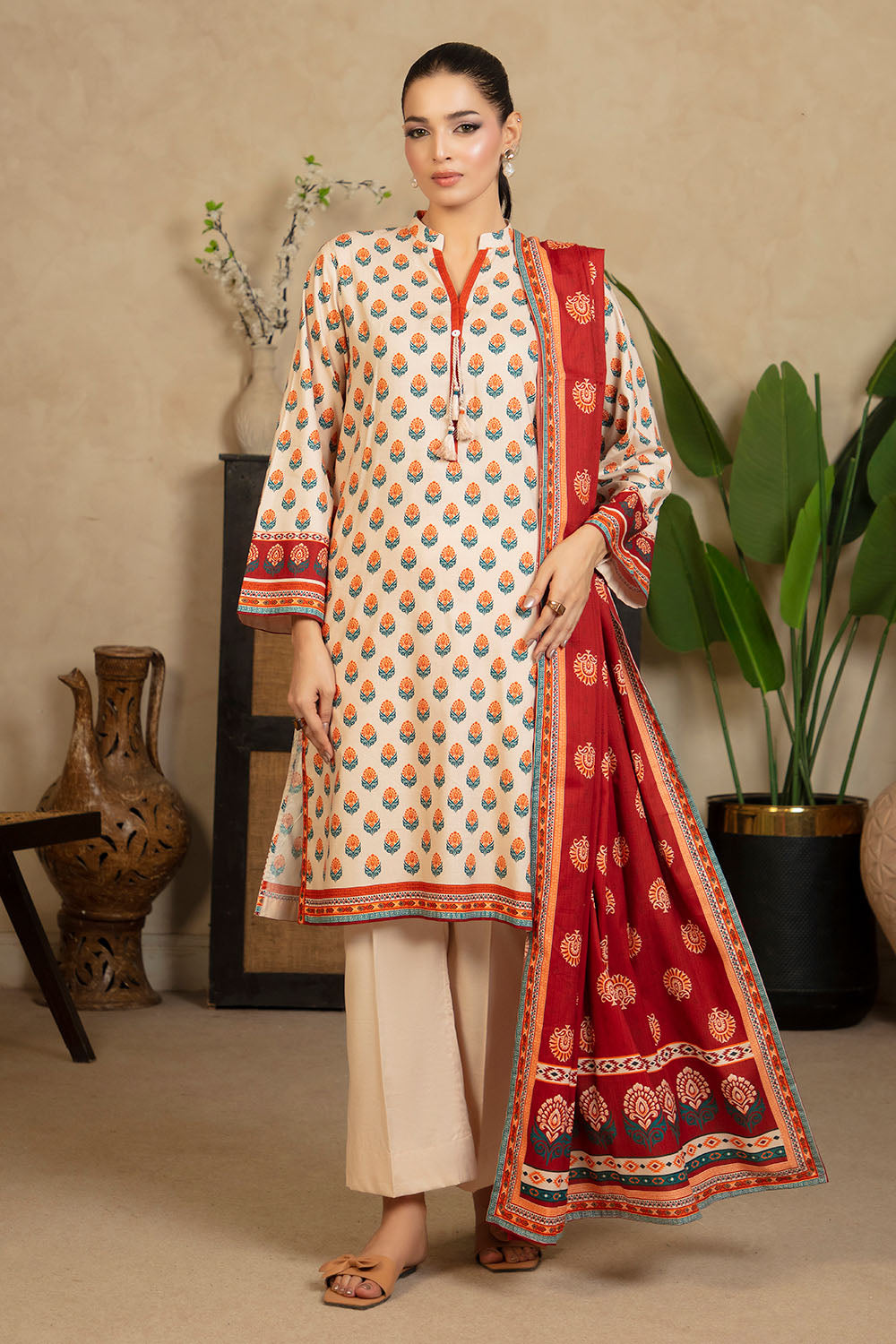 3 Piece Printed Cotton Linen Suit With Dupatta