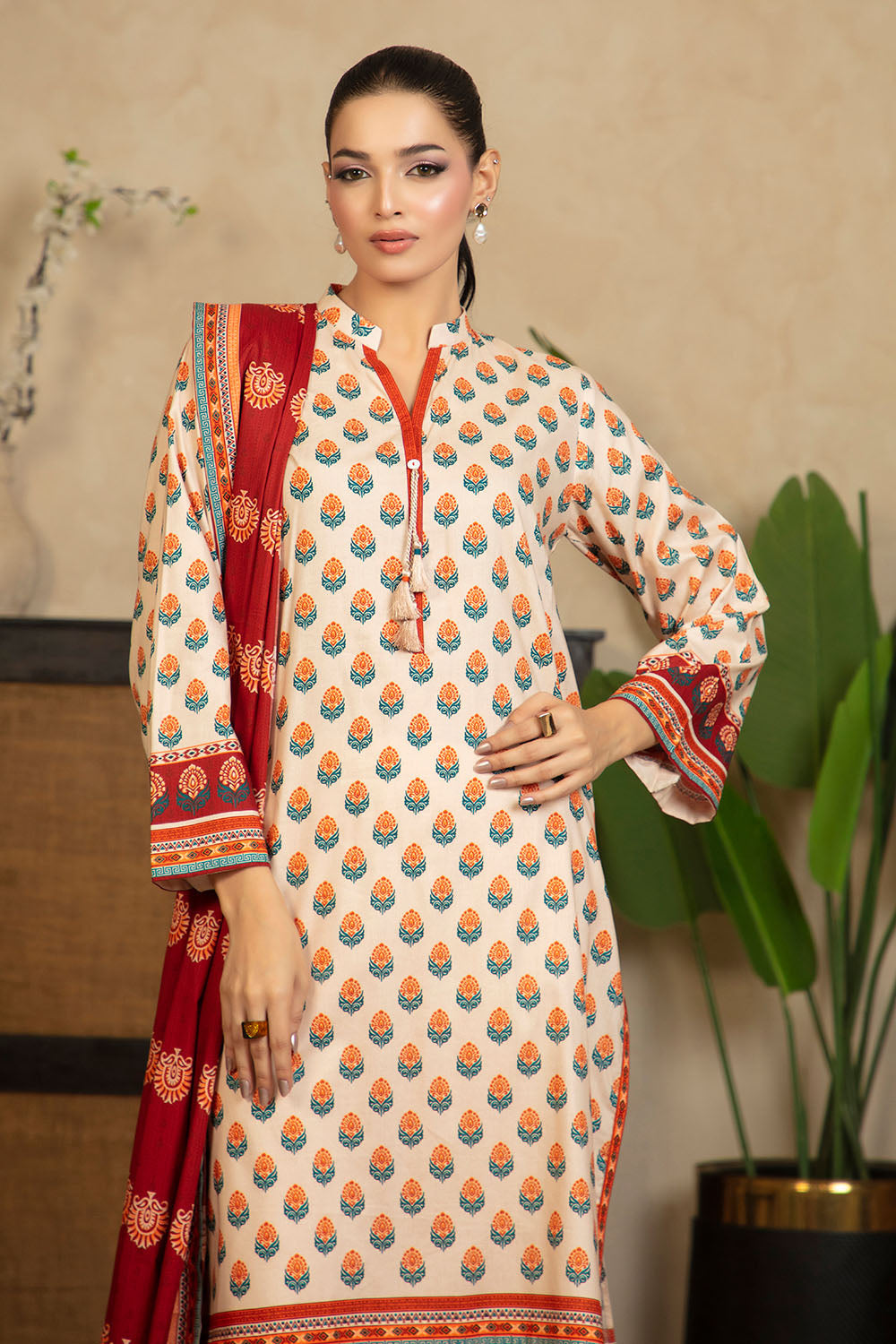 3 Piece Printed Cotton Linen Suit With Dupatta