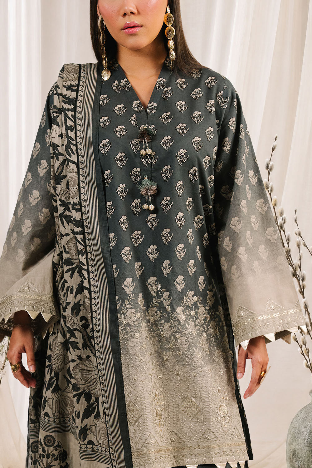 3 Piece Embroidered Printed Cotton Suit with Printed Denting Lawn Dupatta