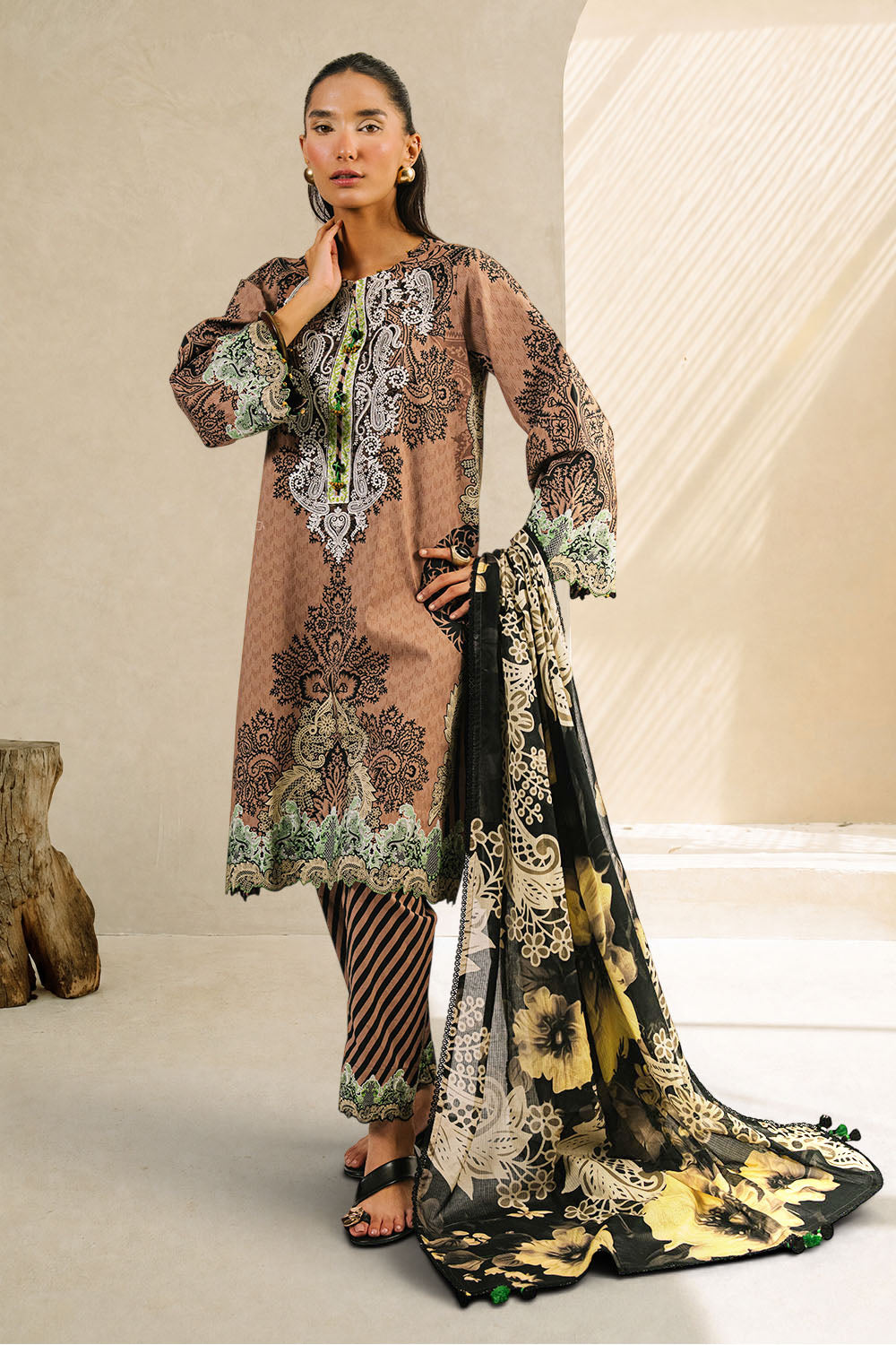 3 Piece Printed Cotton Suit with Printed Denting Lawn Dupatta and Embroidered Neckline