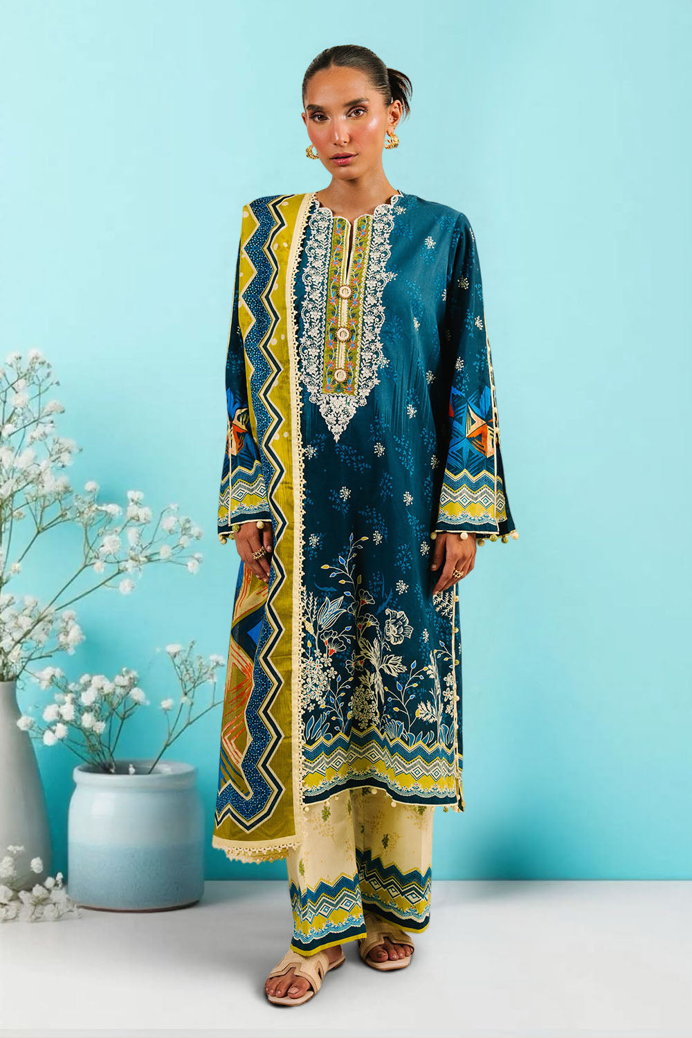 3 Piece Printed Cotton Suit with Printed Denting Lawn Dupatta and Embroidered Neckline