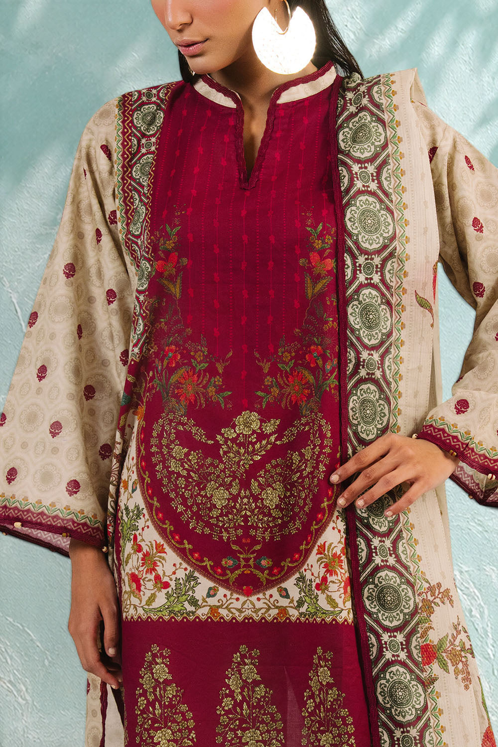 3 Piece Printed Cotton Suit with Printed Denting Lawn Dupatta and Embroidered Trouser