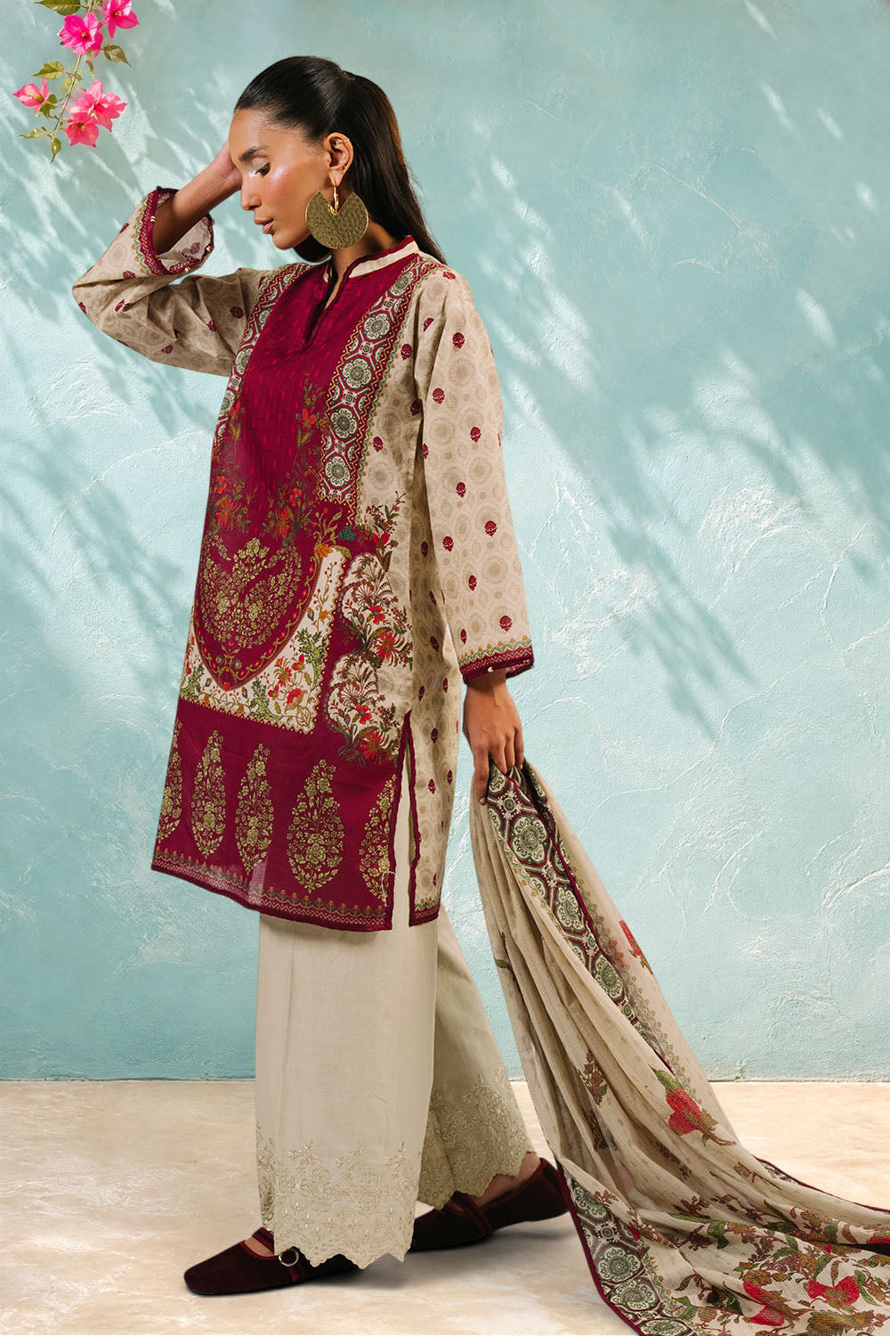 3 Piece Printed Cotton Suit with Printed Denting Lawn Dupatta and Embroidered Trouser