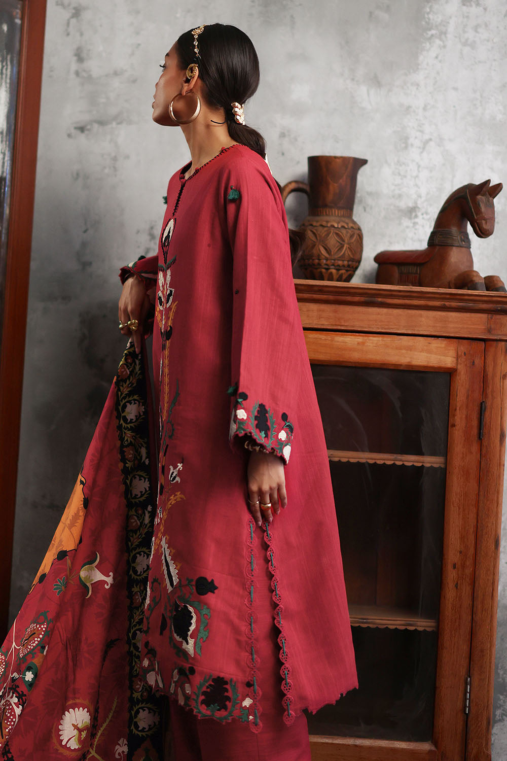 3 Piece Embroidered Khaddar Suit with Printed Khaddar Dupatta