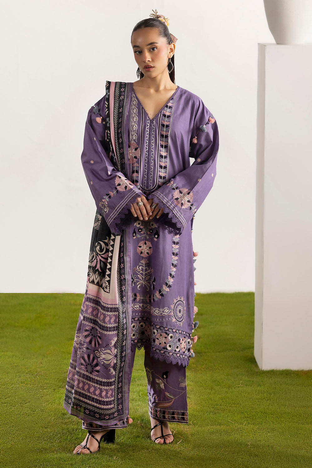 3 Piece Embroidered Lawn Suit with Embroidered Borders and Embroidered Trouser
