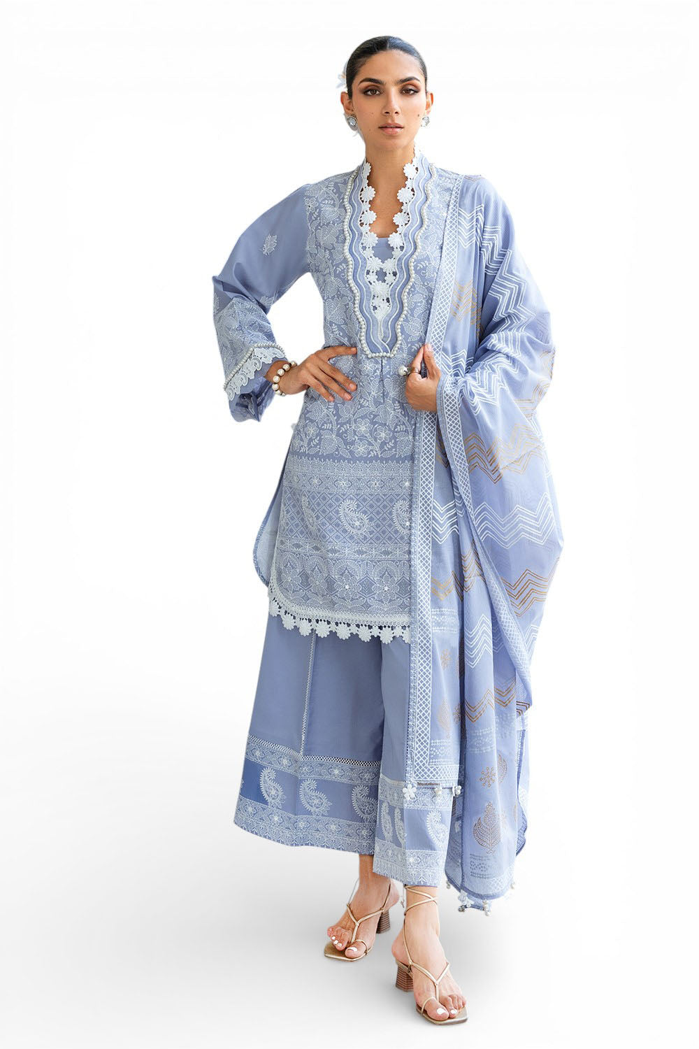 3 Piece Zari & Sequins Embroidered Lawn Suit with Printed Dupatta