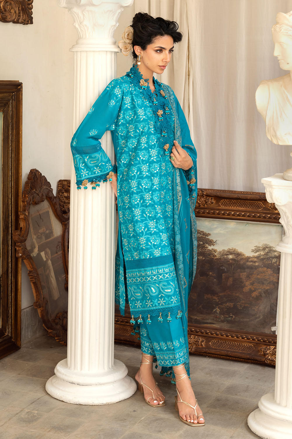 3 Piece Zari & Sequins Embroidered Lawn Suit with Gold & Lacquer Printed Dupatta