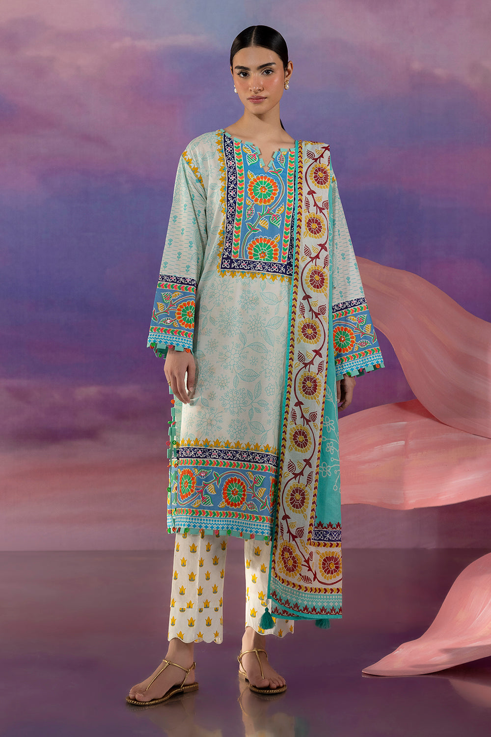 3 Piece Embroidered Printed Cotton Suit with Printed Lawn Dupatta and Printed Trouser