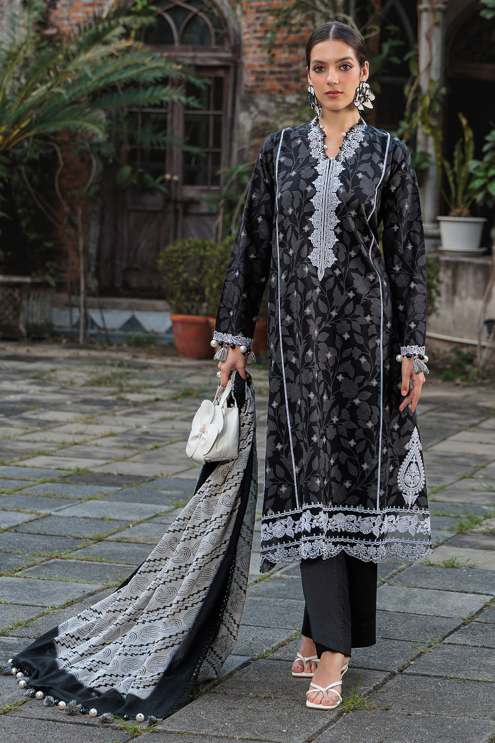 3 Piece Printed Lawn Suit With Embroidered Neckline, Borders And Lace
