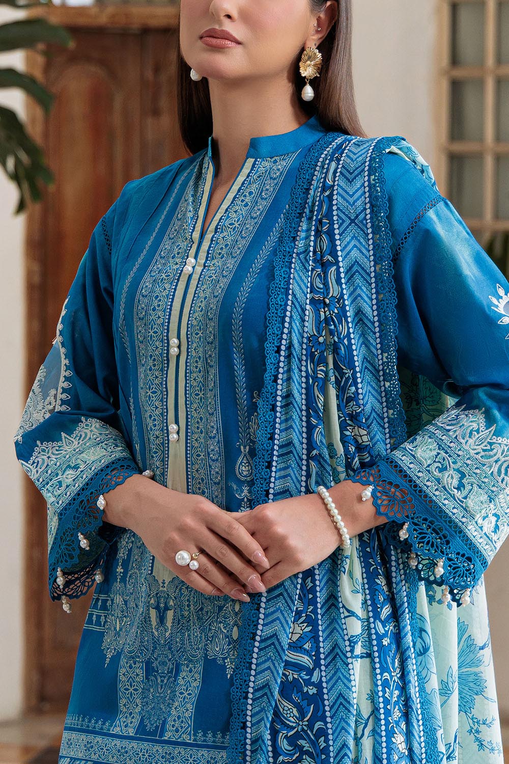 3 Piece Printed Lawn Suit with Embroidered Sleeves