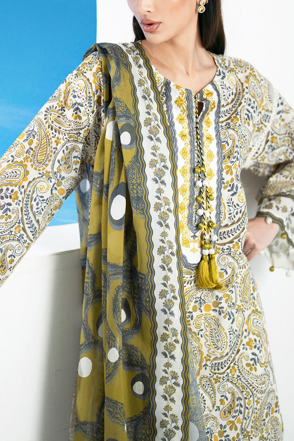 3 Piece Printed Lawn Suit with Embroidered Organza Neckline