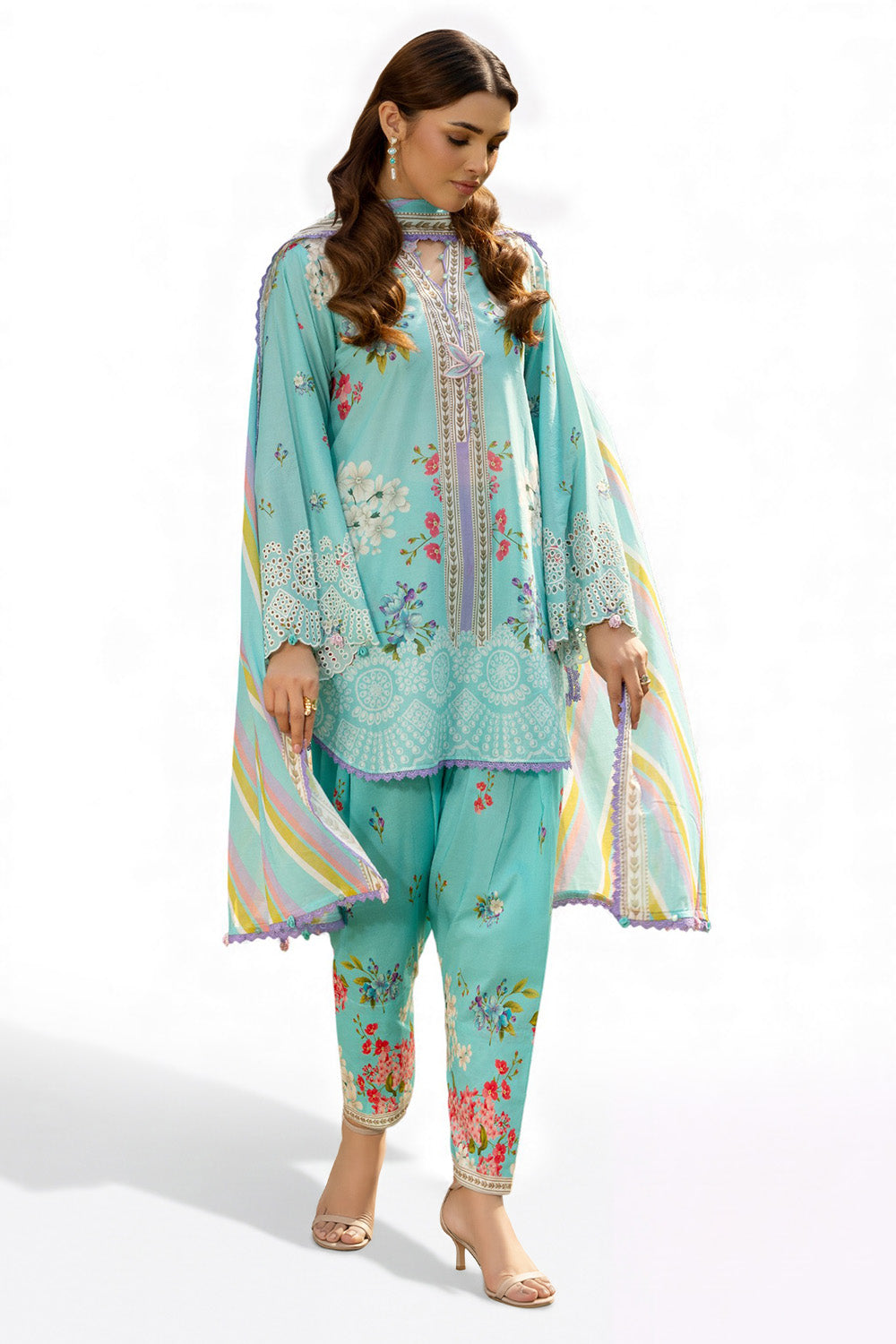 3 Piece Printed Lawn Suit with Embroidered Sleeves and Printed Trouser