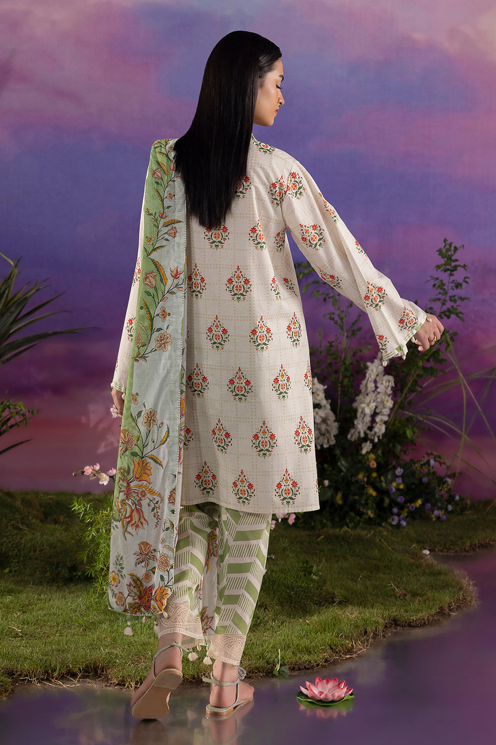 3 Piece Printed Cotton Suit with Printed Lawn Dupatta and Embroidered Sleeves