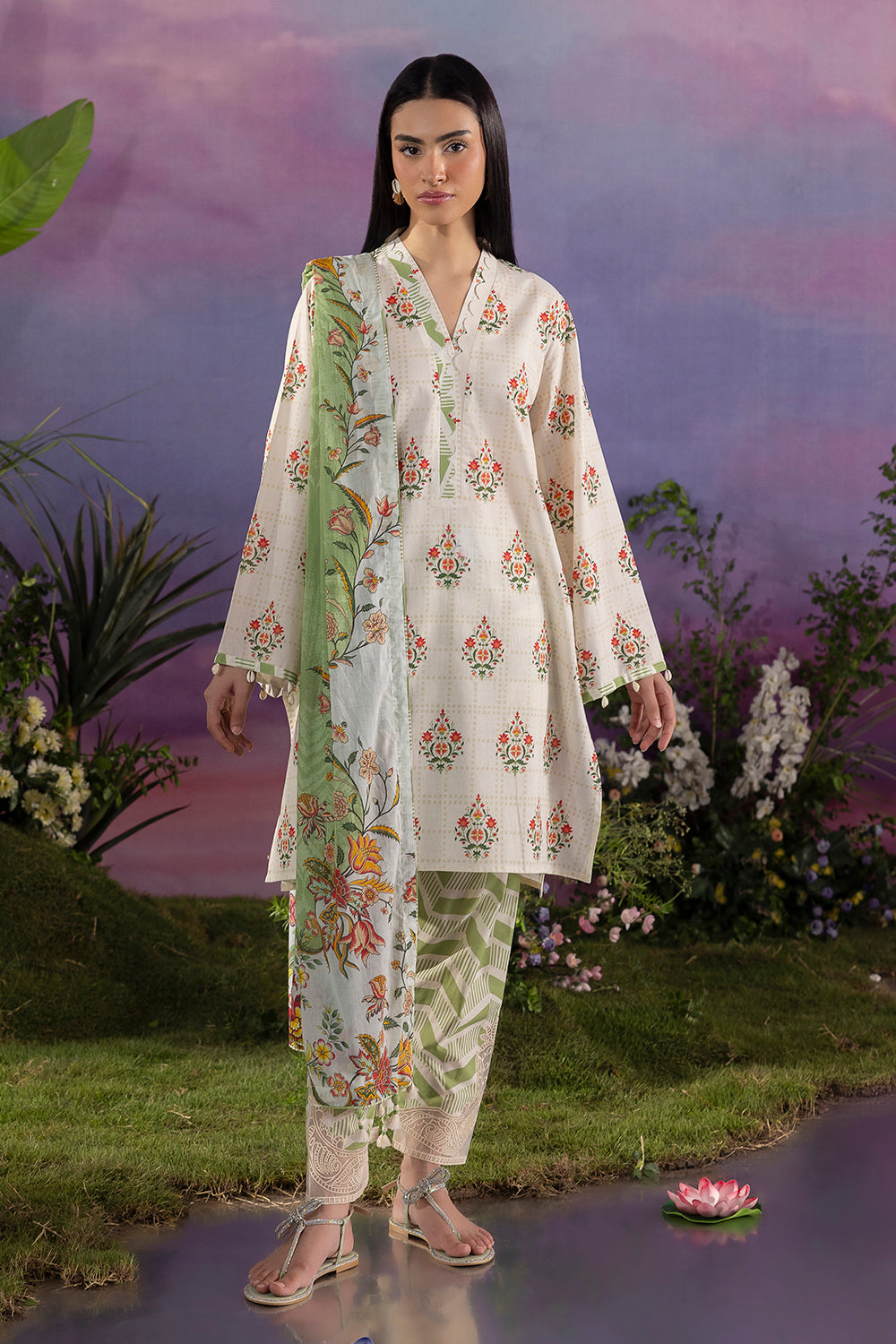 3 Piece Printed Cotton Suit with Printed Lawn Dupatta and Embroidered Sleeves