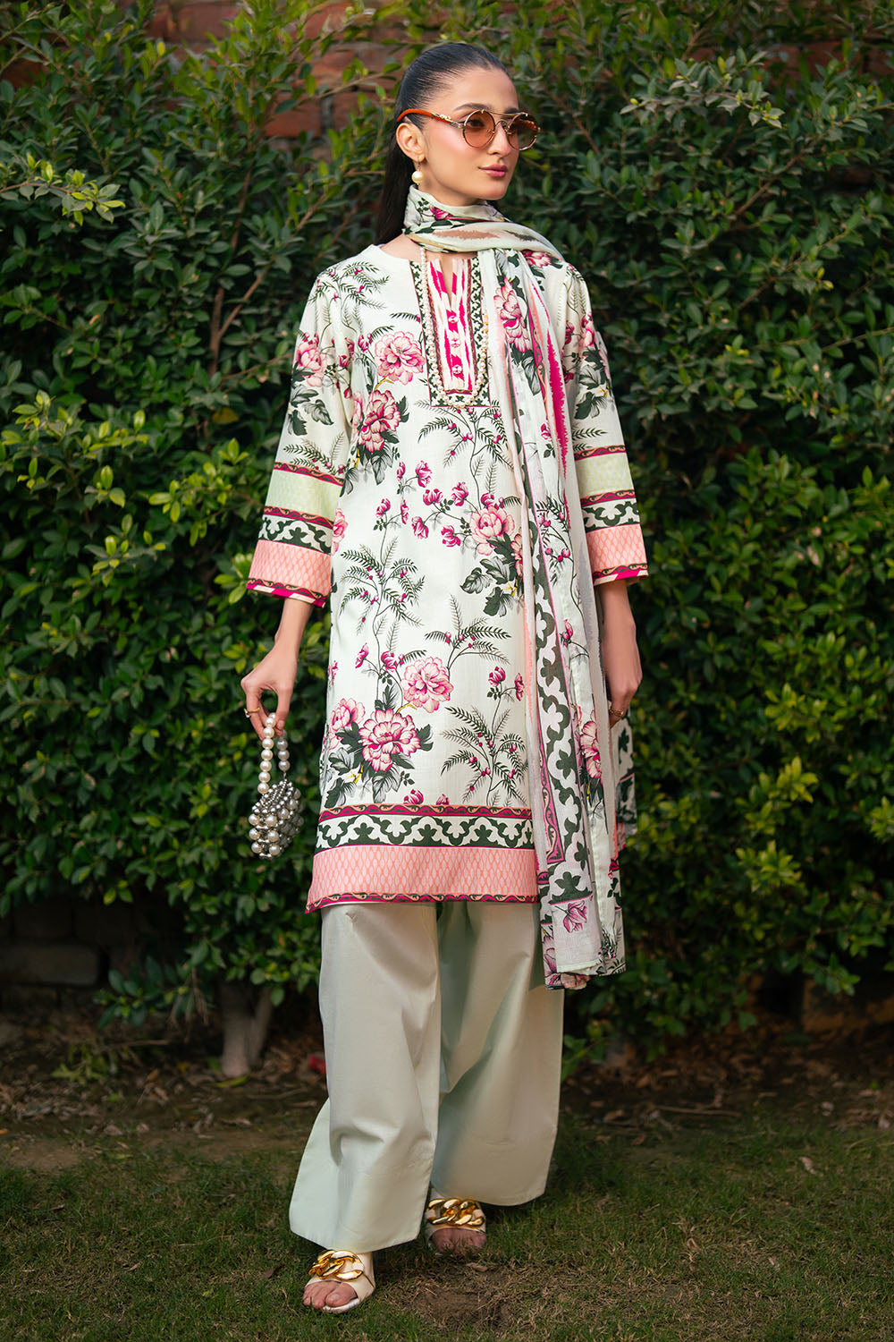 3 Piece Printed Cross Hatch Suit with Lawn Dupatta