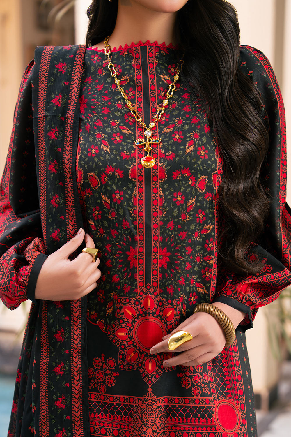 3 Piece Printed Cross Hatch Suit with Lawn Dupatta