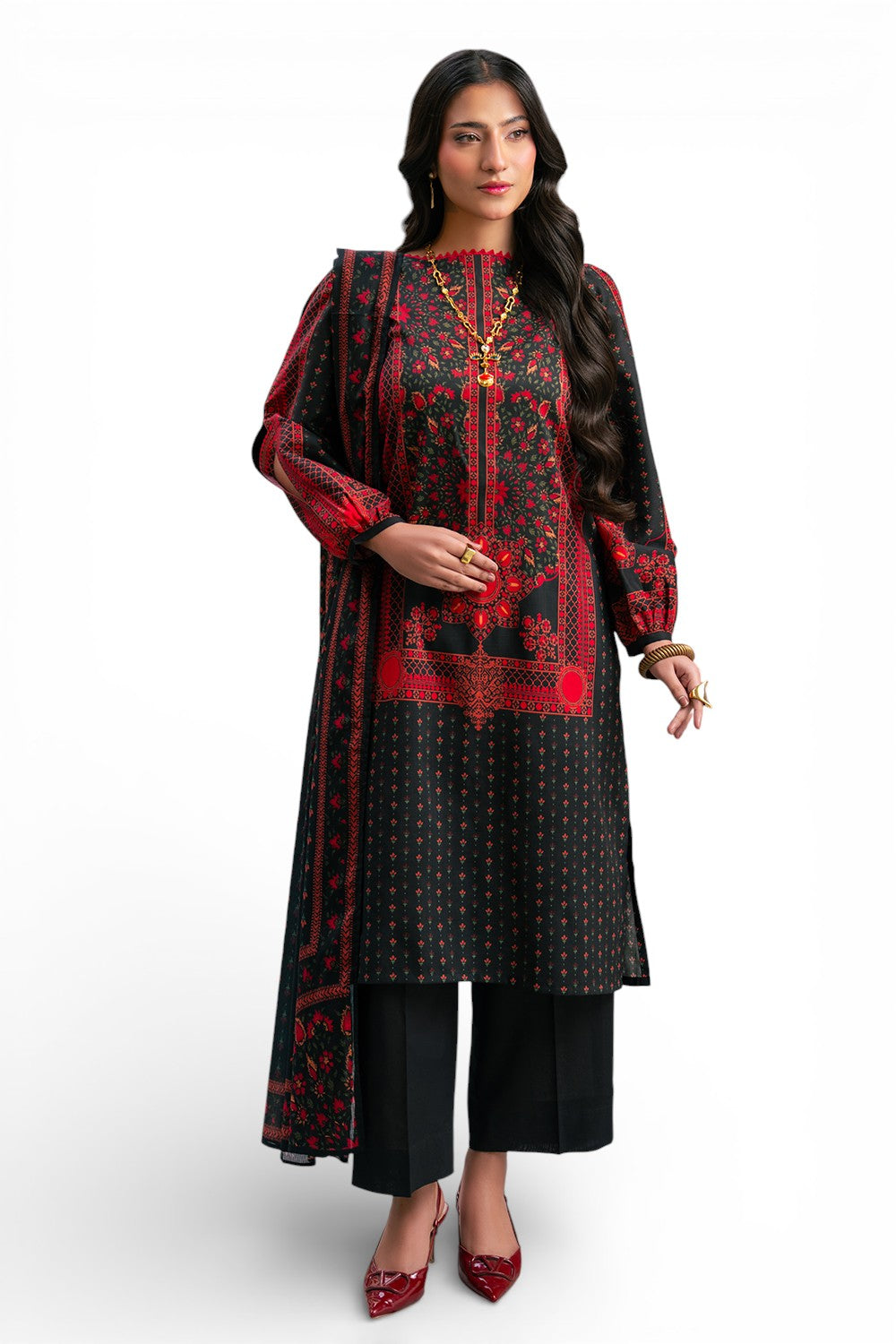 3 Piece Printed Cross Hatch Suit with Lawn Dupatta