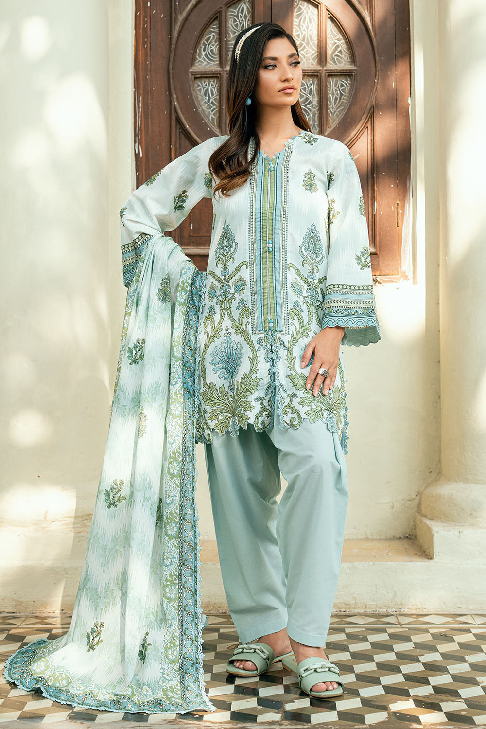 3 Piece Printed Cross Hatch Suit with Lawn Dupatta