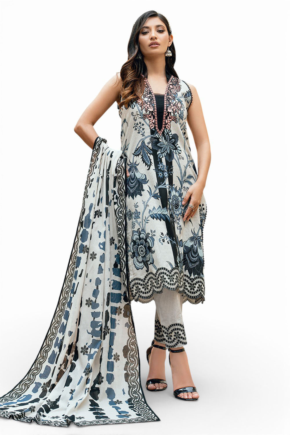 3 Piece Printed Cross Hatch Suit with Lawn Dupatta