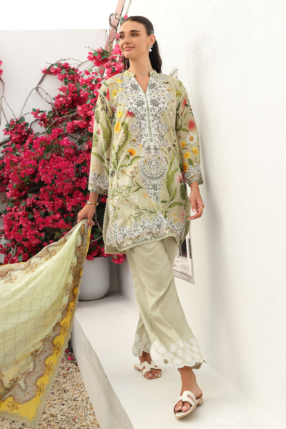 3 Piece Printed Lawn Suit with Printed Lawn Dupatta and Embroidered Schiffli Trouser Border