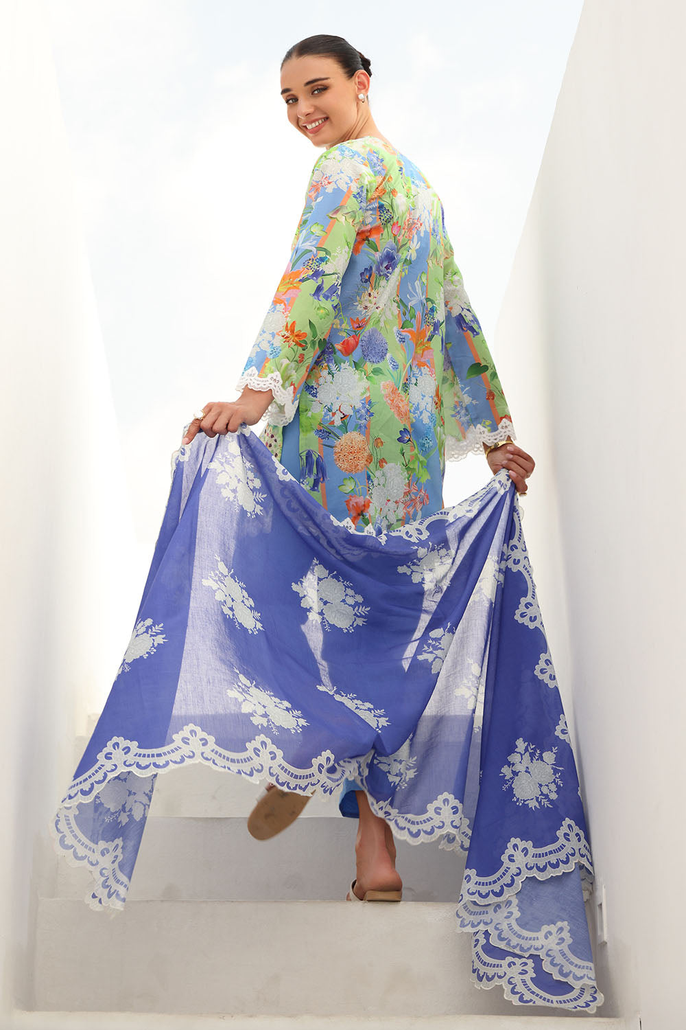 3 Piece Printed Lawn Suit with Printed Lawn Dupatta and Embroidered Sleeve and Trouser Borders