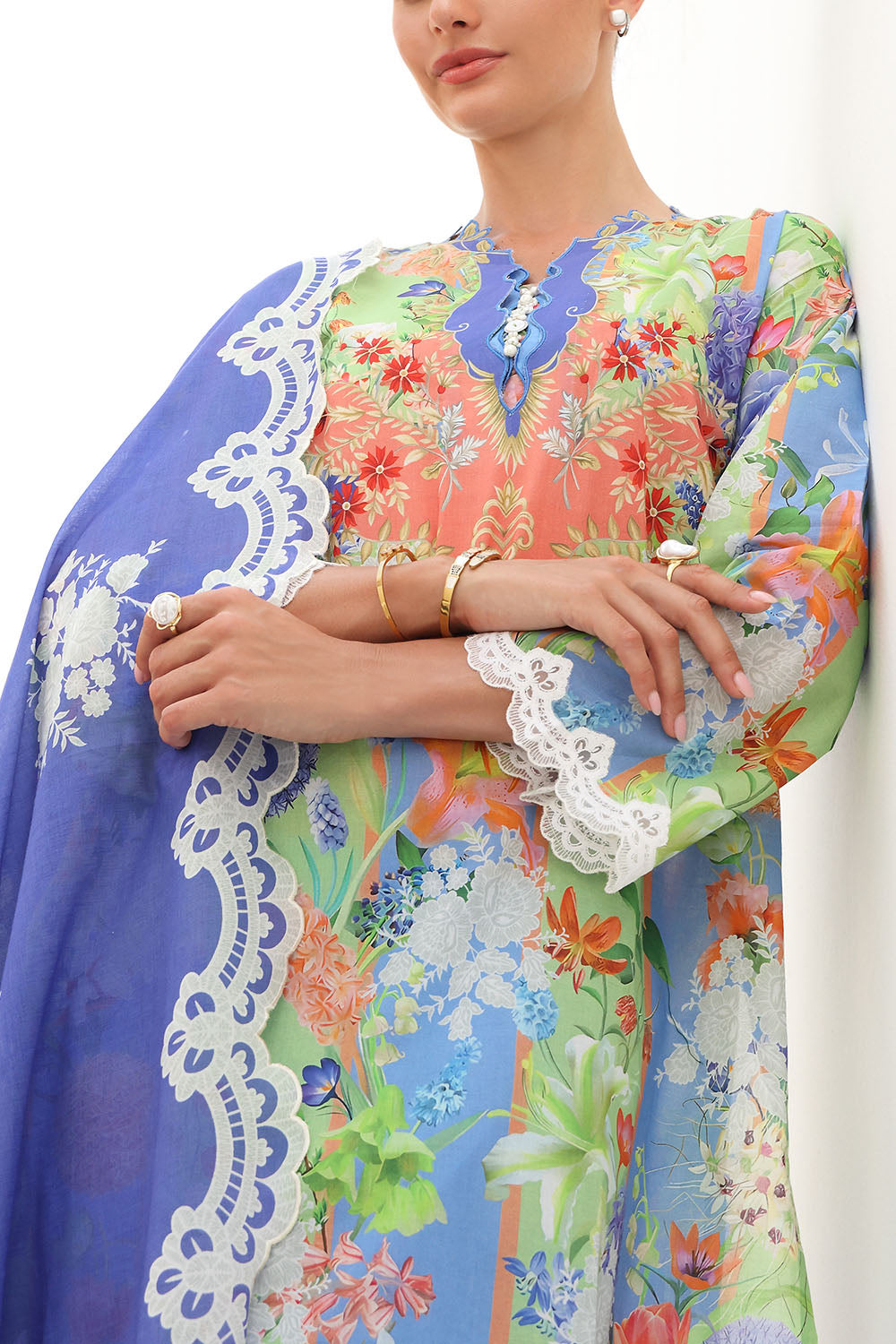 3 Piece Printed Lawn Suit with Printed Lawn Dupatta and Embroidered Sleeve and Trouser Borders