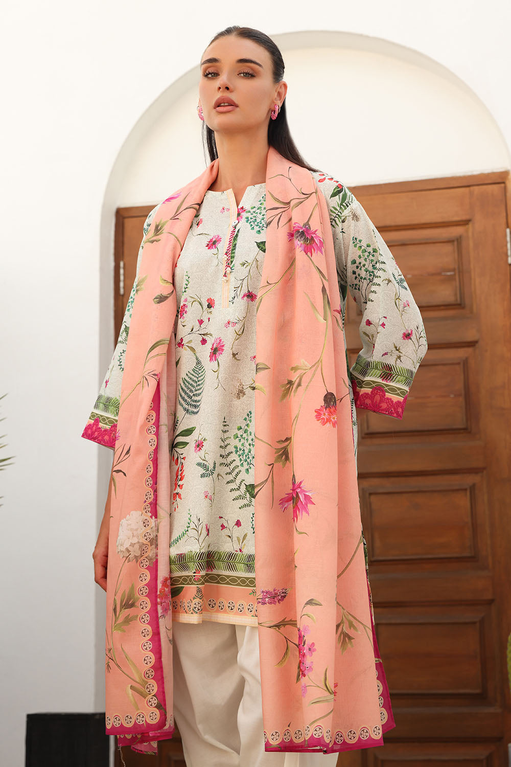 3 Piece Printed Lawn Suit with Printed Lawn Dupatta and Embroidered Neckline and Sleeve Laces