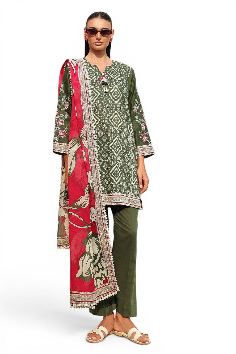 3 Piece Printed Lawn Suit with Printed Lawn Dupatta and Embroidered Sleeves