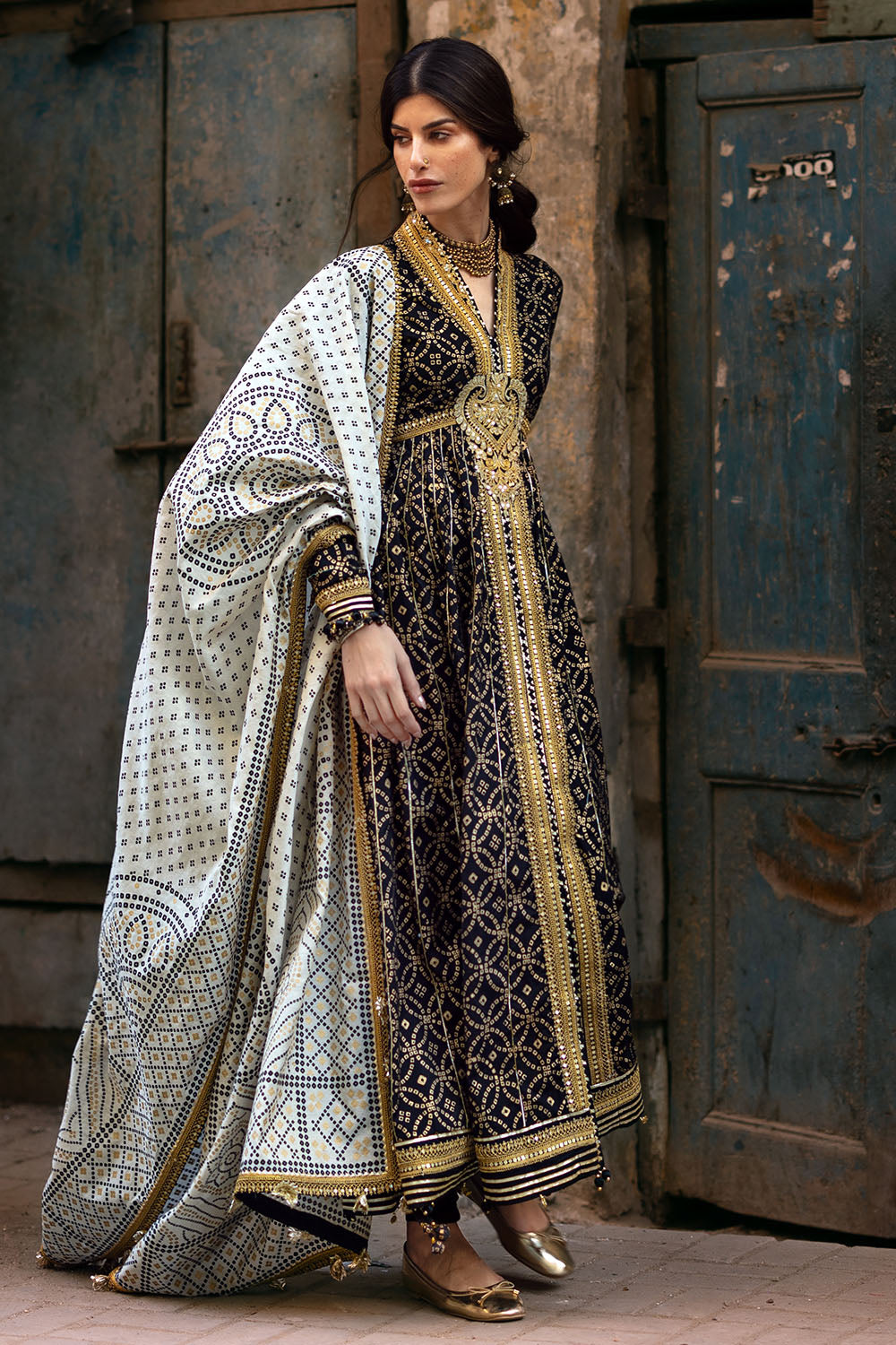 3 Piece Gold Printed Lawn Suit with Gold and Lacquer Printed Mehsuri Dupatta and Dyed Trouser