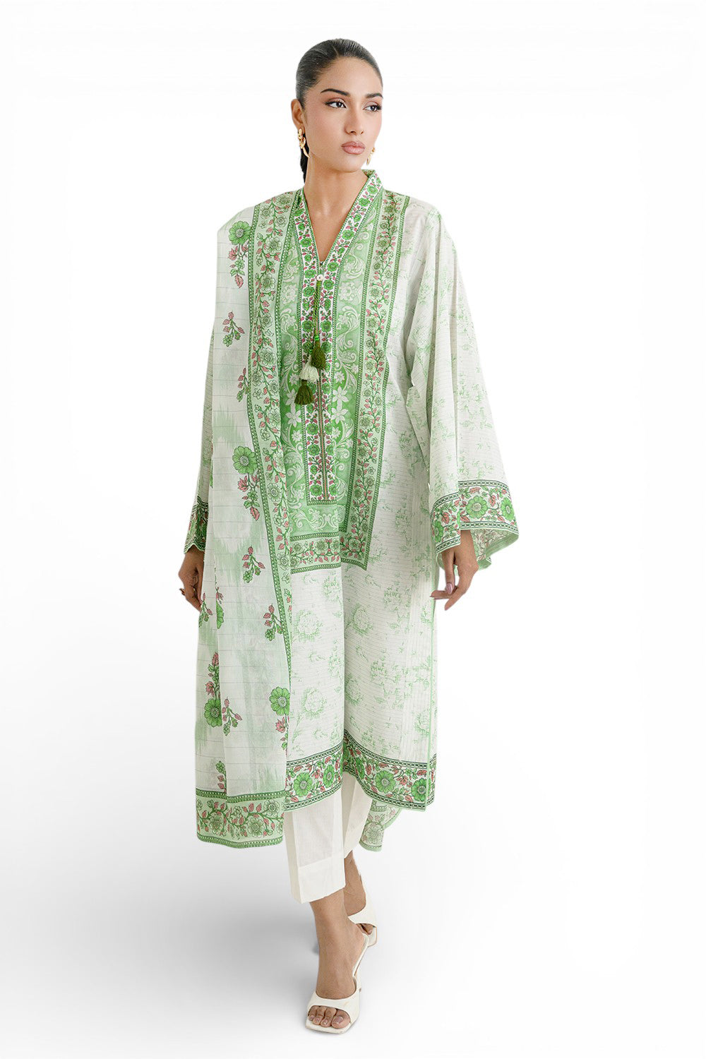 3 Piece Printed Mehsuri Stripe Lawn Suit with Printed Mehsuri Stripe Lawn Dupatta and Dyed Trouser
