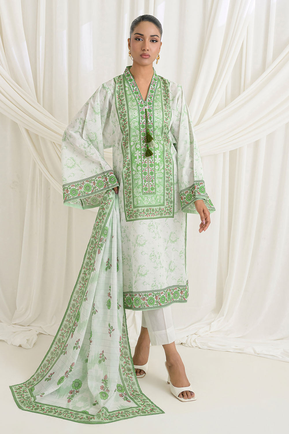 3 Piece Printed Mehsuri Stripe Lawn Suit with Printed Mehsuri Stripe Lawn Dupatta and Dyed Trouser