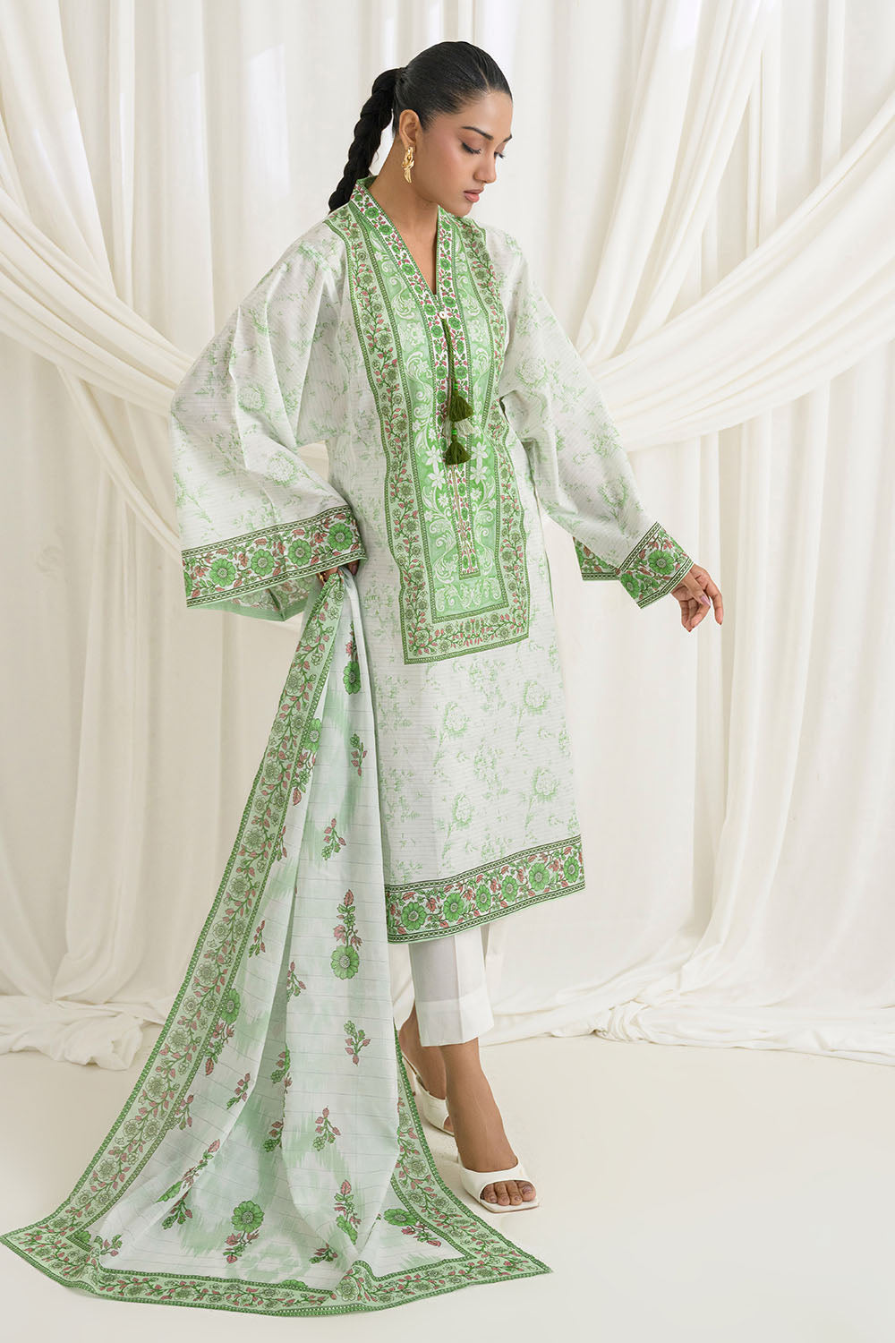 3 Piece Printed Mehsuri Stripe Lawn Suit with Printed Mehsuri Stripe Lawn Dupatta and Dyed Trouser