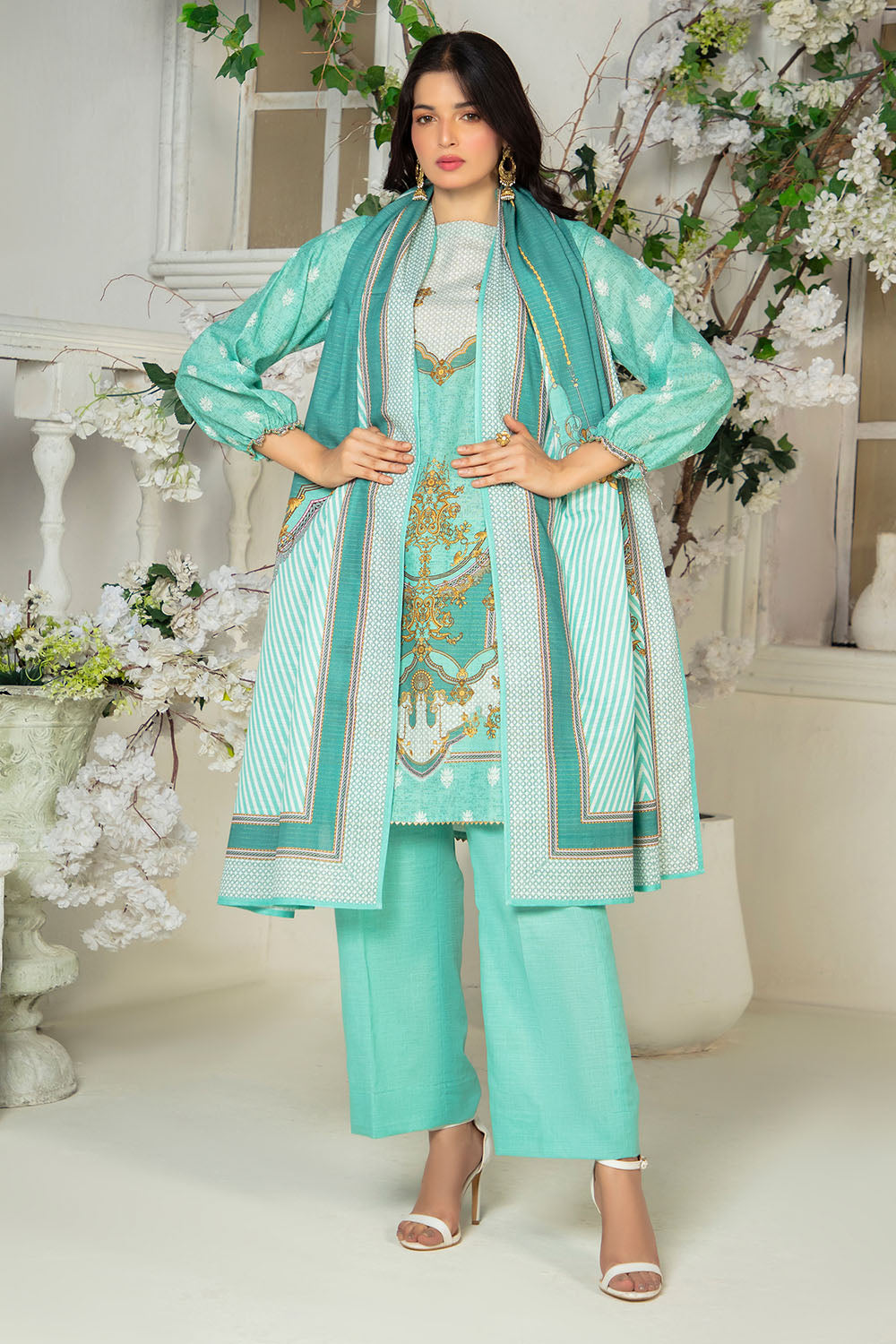 3 Piece Printed Stripe Khaddar Suit with Dupatta