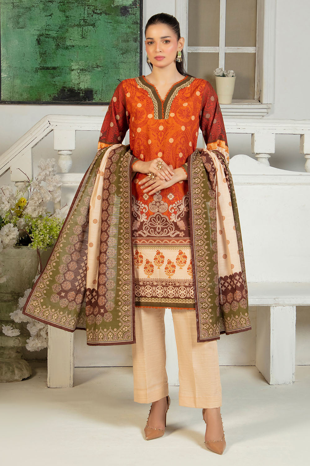 3 Piece Printed Zari Cotton & Khaddar Suit with Dupatta