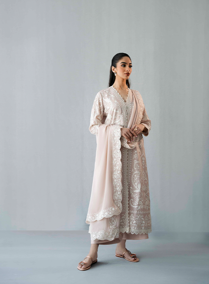 Pink & White Embroidered Long Tunic with Izaar& Chiffon Dupatta