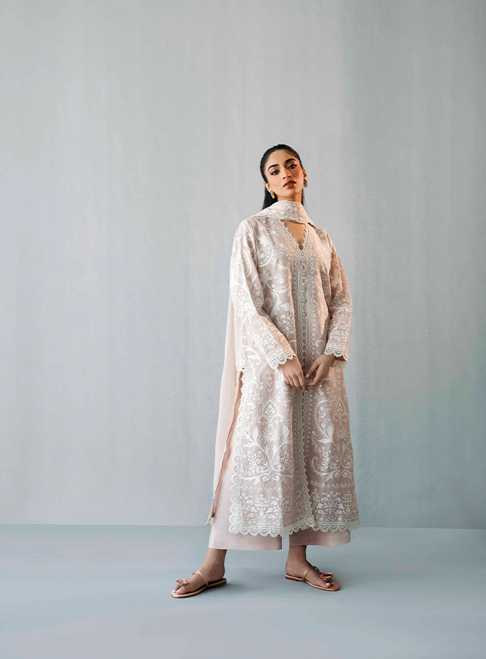 Pink & White Embroidered Long Tunic with Izaar& Chiffon Dupatta