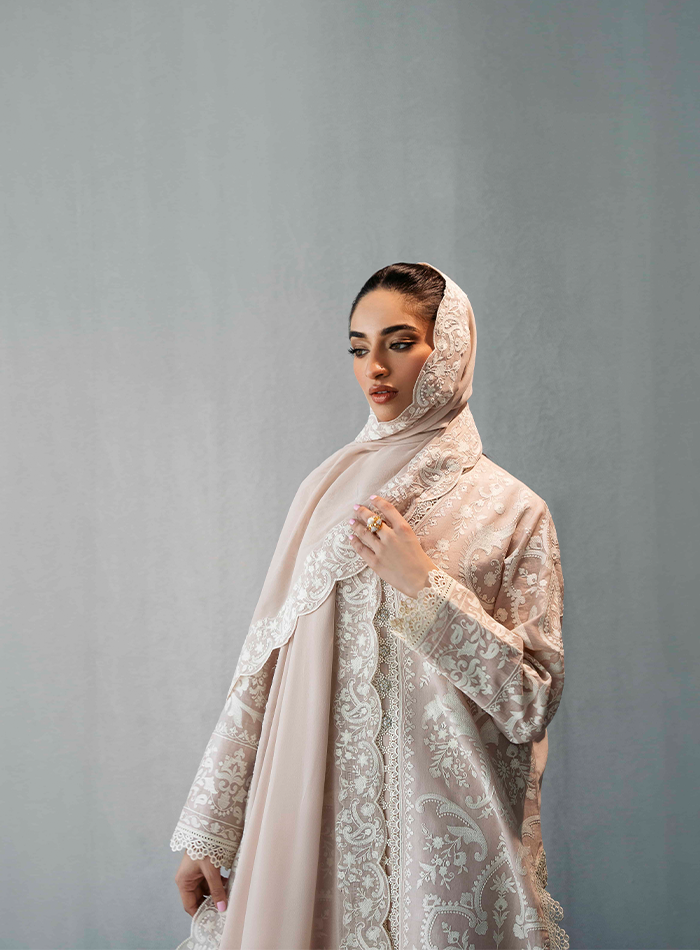 Pink & White Embroidered Long Tunic with Izaar& Chiffon Dupatta